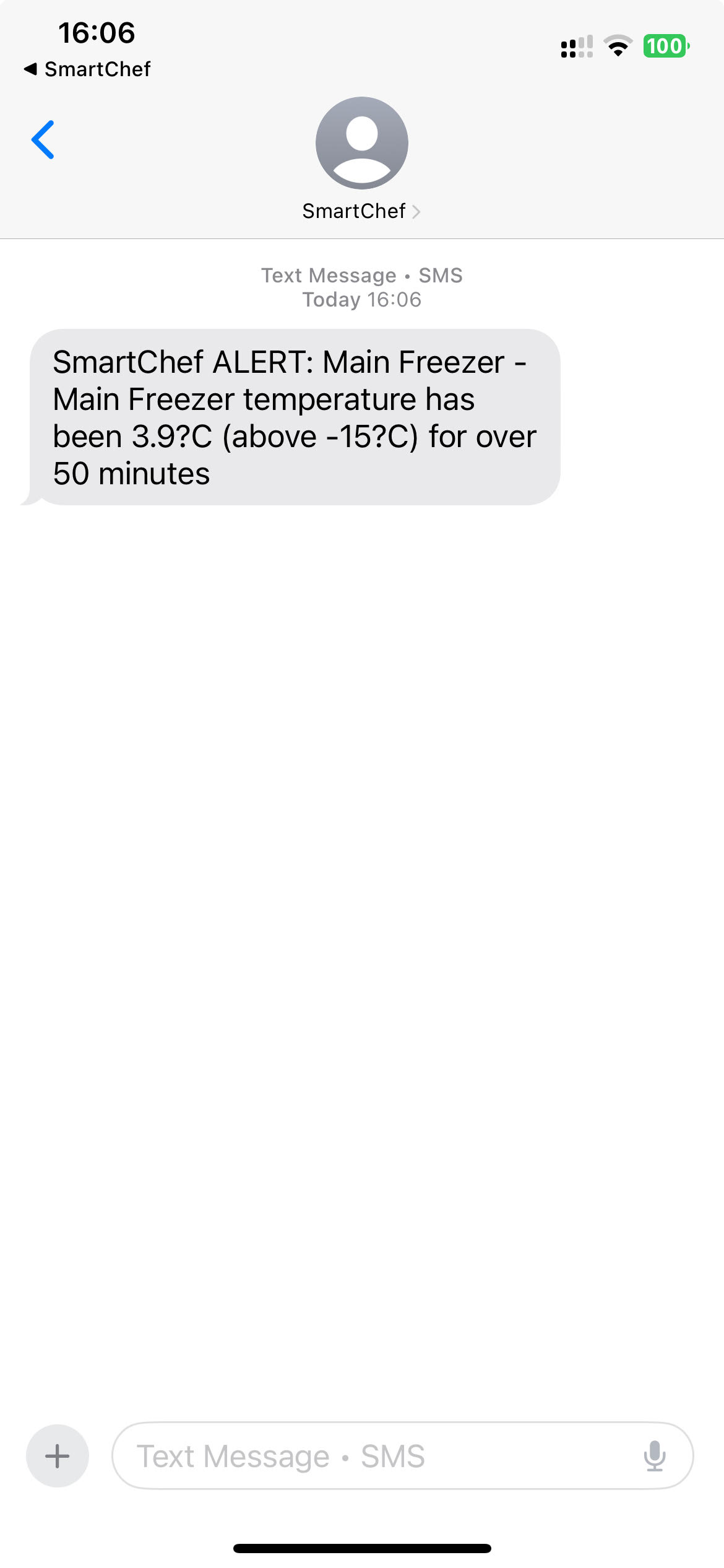 SmartChef SMS temperature alert showing fridge breach notification sent to kitchen manager in Ireland