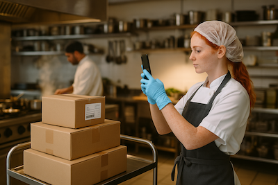 Kitchen porter using a phone to snap a photo of a food delivery