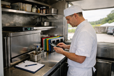 Food truck operator checking HACCP records on a tablet at a market