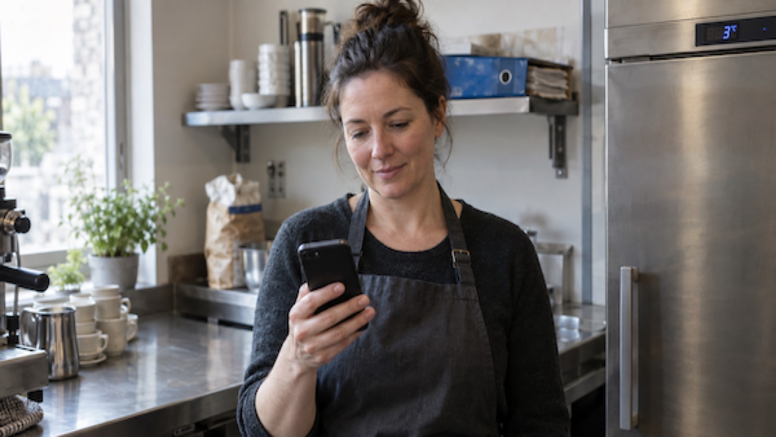 Cafe owner checking HACCP fridge temperature records on a phone