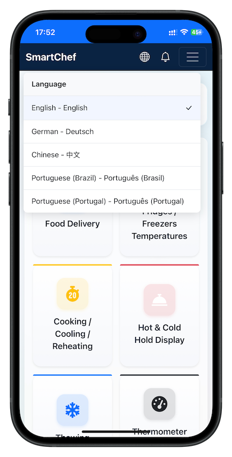 SmartChef app showing multilingual language selection