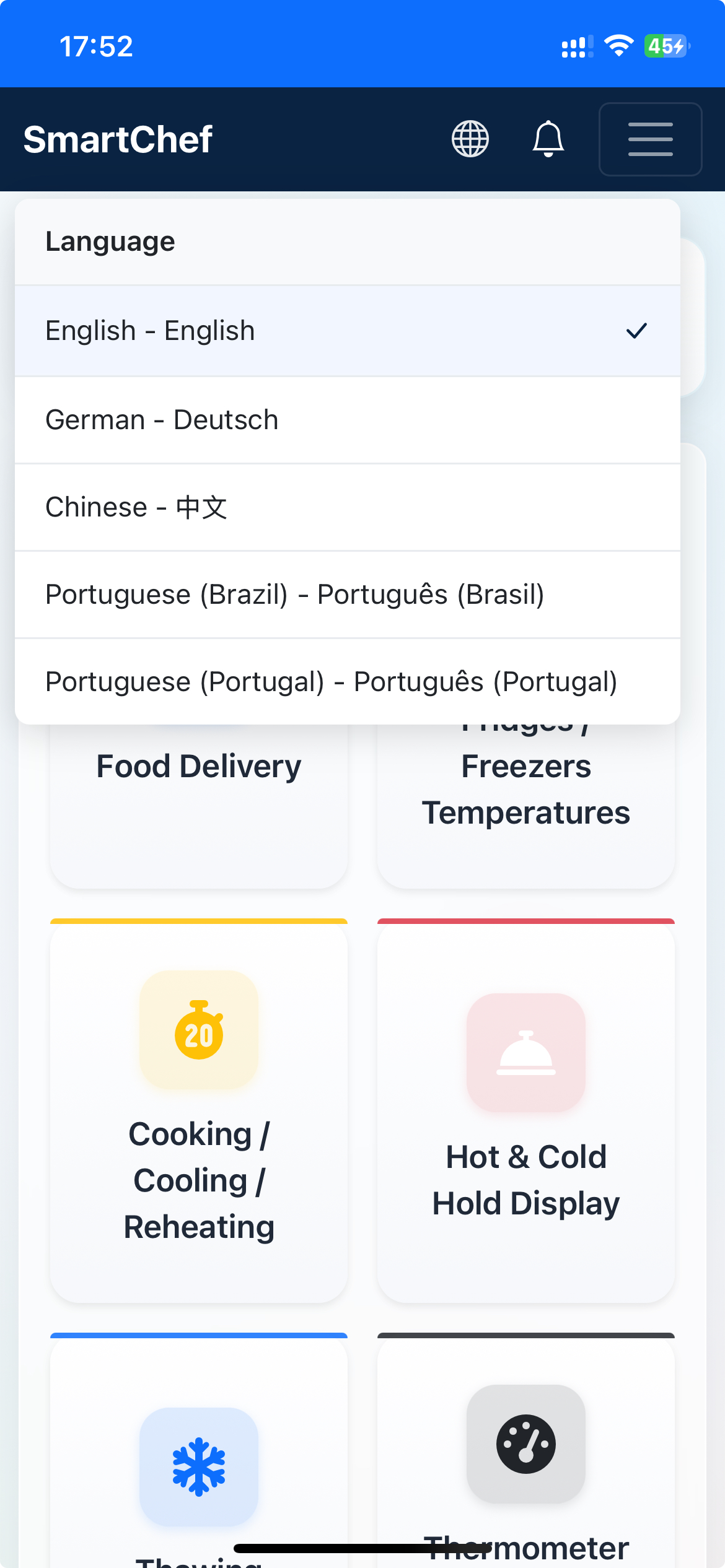 SmartChef app showing language selection options