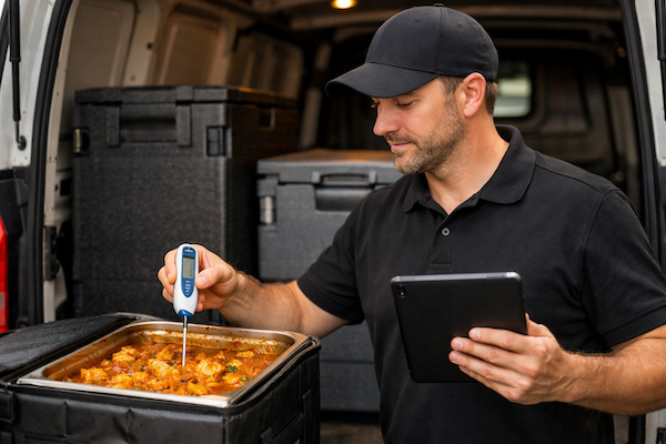 Catering delivery driver checking temperature of food delivery with digital tablet