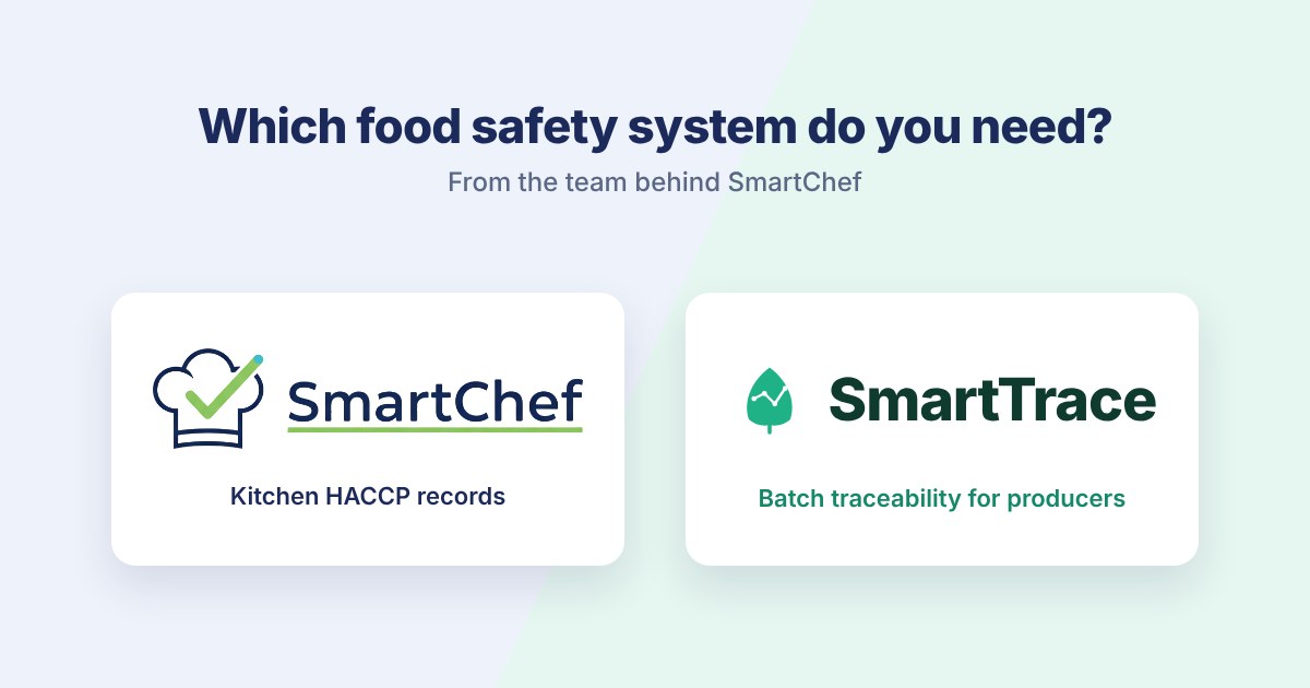 SmartChef and SmartTrace logos side by side: SmartChef for kitchen HACCP records, SmartTrace for batch traceability for producers