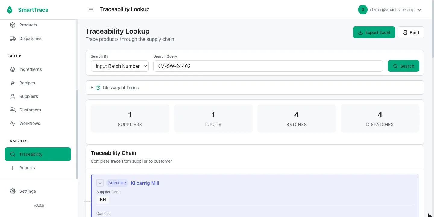 SmartTrace traceability lookup: a supplier lot number traced to the batches that used it and the dispatches to customers