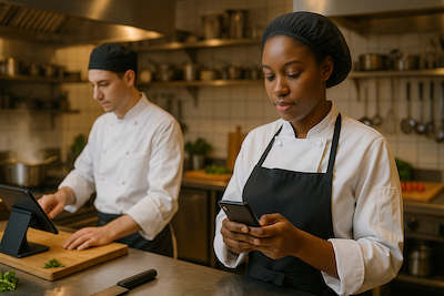 Kitchen team using phones and tablets for digital HACCP