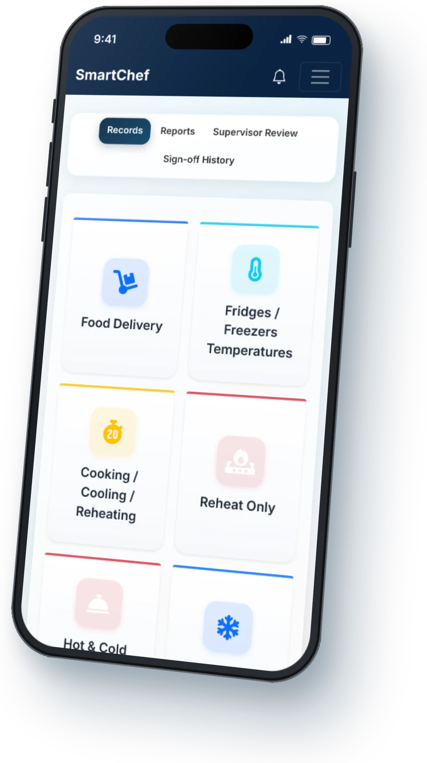 The SmartChef app dashboard on an iPhone, showing the daily HACCP records