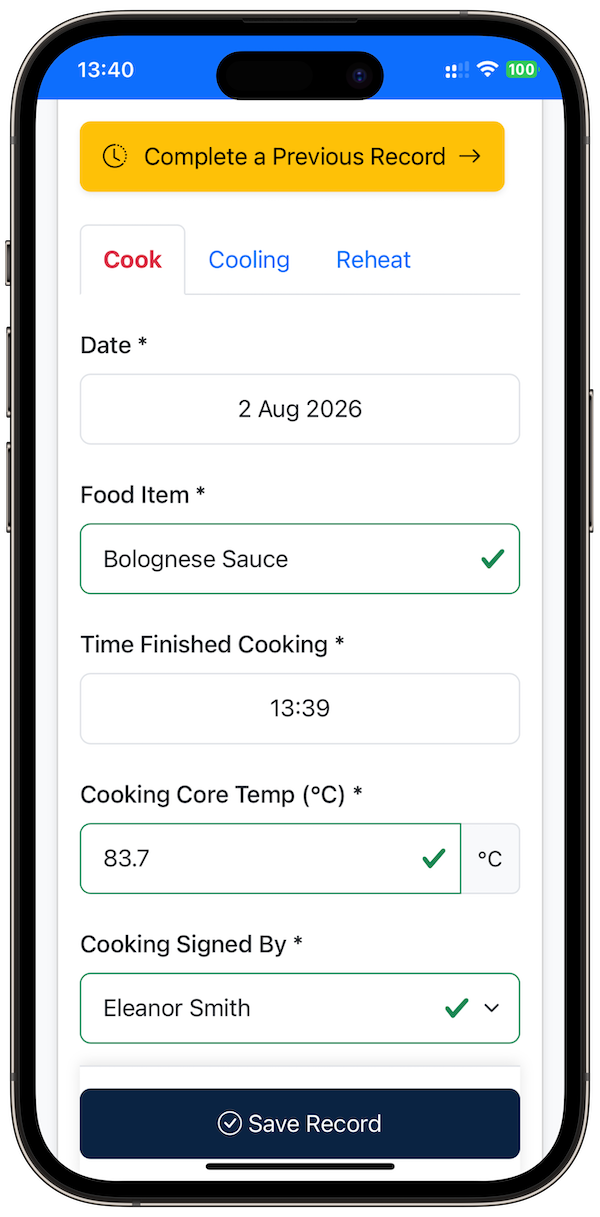 SmartChef cooking, cooling and reheating record