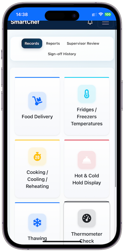 SmartChef main screen on a phone showing the day's HACCP checks