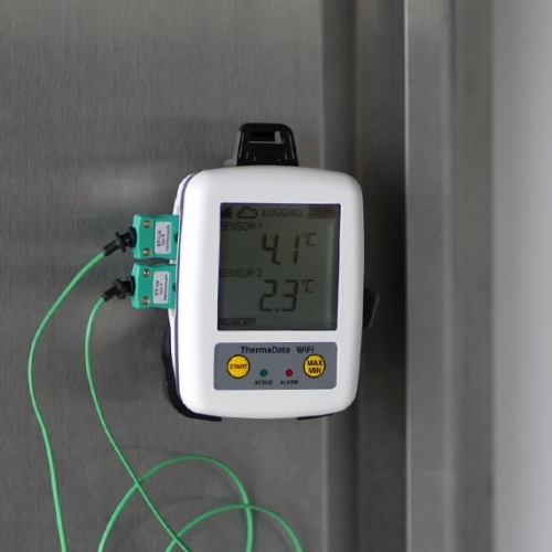 ETI ThermaData WiFi Logger mounted on a commercial fridge