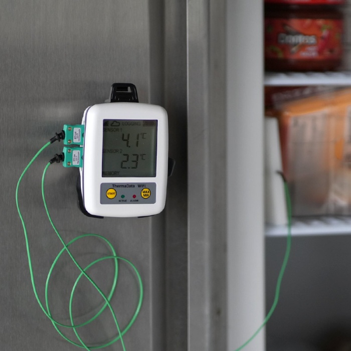 Temperature sensor monitoring a commercial fridge in an Irish kitchen