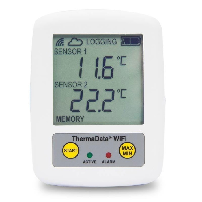 ETI ThermaData WiFi temperature logger with dual probes for commercial kitchen fridge and freezer monitoring